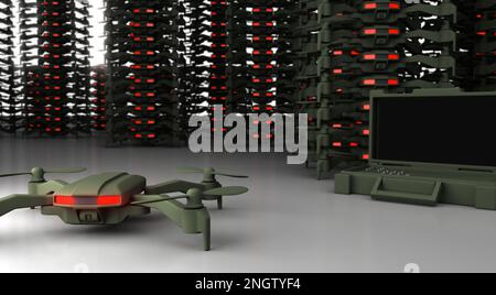 Drone militare e magazzino - rendering 3D Foto Stock