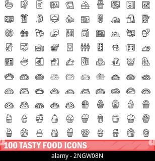 set di 100 icone di gustosi cibi. Illustrazione di contorno di 100 icone gustose del cibo set vettoriale isolato su sfondo bianco Illustrazione Vettoriale