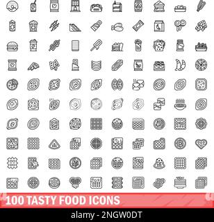 set di 100 icone di gustosi cibi. Illustrazione di contorno di 100 icone gustose del cibo set vettoriale isolato su sfondo bianco Illustrazione Vettoriale