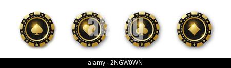 Diamanti, mazze, cuori, picche. Set di chip da poker oro e nero. Gettoni per il gioco d'azzardo con tute per poker e casinò. Illustrazione vettoriale. Per ga Illustrazione Vettoriale