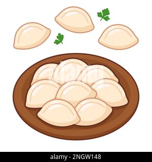 Pierogi o gnocchi varenyky, tradizionali dell'Europa orientale su un piatto. Illustrazione del vettore cartoon. Illustrazione Vettoriale