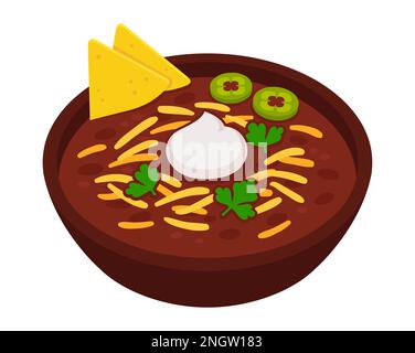 Cile con carne, cibo tradizionale messicano. Stufato di fagioli e manzo con formaggio, panna acida e nachos. Illustrazione di clip vettoriali cartoni animati. Illustrazione Vettoriale