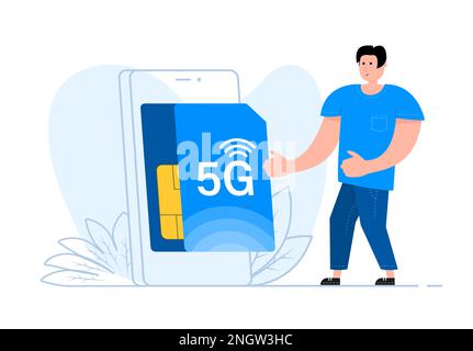 Un uomo si trova vicino allo smartphone, sullo schermo 5G SIM Card. Tecnologia delle telecomunicazioni mobili. Illustrazione Vettoriale