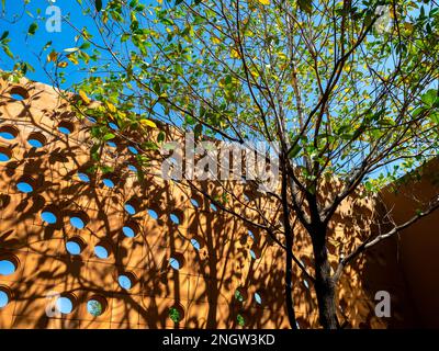 Ventilazione in terracotta parete in mattoni circolare con parete esterna con struttura a spazio circolare con ombra di albero su sfondo cielo blu. Calcestruzzo cemento aria o Foto Stock