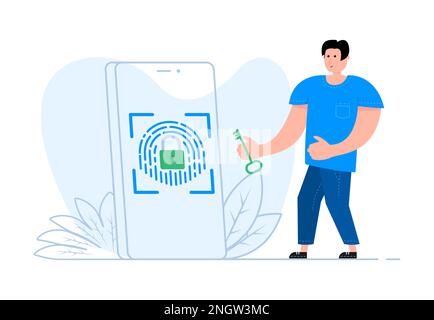 Un uomo si trova vicino allo smartphone, sullo schermo, con identificazione di sicurezza tramite impronte digitali. Illustrazione Vettoriale