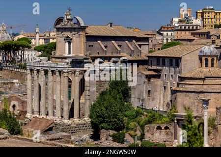 Tempio di Antonino e Faustina o Chiesa di San Lorenzo in Miranda, Tempio di Romolo o Santi Cosma e Damiano, Foro Romano. Foto Stock