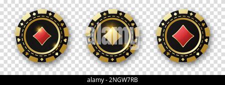 Chip per tuta di diamanti. Set di chip da poker in oro e nero e rosso. Gettoni per il gioco d'azzardo con tute per il poker, il casinò e la roulette. Illustrazione vettoriale. Per Illustrazione Vettoriale