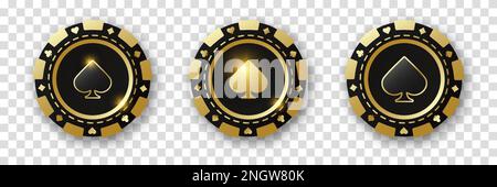 Le picche si adattano alle patatine. Set di oro e nero e chip da poker. Gettoni per il gioco d'azzardo con tute per il poker, il casinò e la roulette. Illustrazione vettoriale. Per il gioco Illustrazione Vettoriale