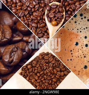Concetto di caffè, collage fotografico di concetto di caffetteria, vita ferma. Sfondo banner. Foto quadrata Foto Stock