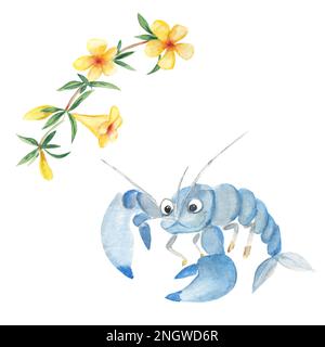 Carino yabby e campana gialla, alamanda, isolato su sfondo bianco. Illustrazione disegnata a mano con acquerello. Perfetto per carte per bambini, tute, scrapbooking. Foto Stock