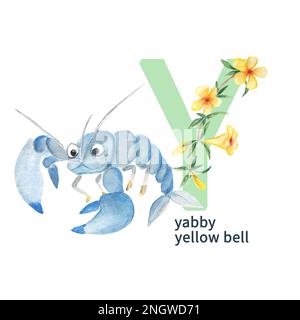 Lettera Y, yabby, campana gialla, carino animale bambini e floreale ABC alfabeto. Illustrazione acquerello isolata su sfondo bianco. Può essere utilizzato per l'alfabeto Foto Stock