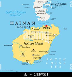 Hainan, la provincia più piccola e meridionale della Cina, Repubblica popolare Cinese, mappa politica. Composto da Hainan Island e varie piccole isole nel Mar Cinese Meridionale. Foto Stock