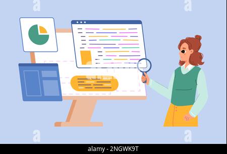 Cartone animato ragazza guardando lente di ingrandimento e trovare informazioni. Programmazione della verifica degli sviluppatori o test digitali, carattere vettoriale geek adolescente Illustrazione Vettoriale