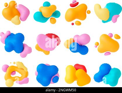 Rappresentazione astratta di forme 3D liquide multicolore. Splash di plastilina 3D colorato, forme sferiche ed elementi di blob. Set di vettori di pithy fluttuanti isolati Illustrazione Vettoriale