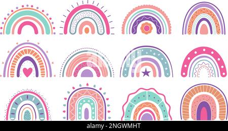 Astratto doodle bambini arcobaleno. Adesivi per pareti, decorazioni per vivai per l'asilo nido. Boho elementi di stampa in tessuto pastello, decente vettore Illustrazione Vettoriale