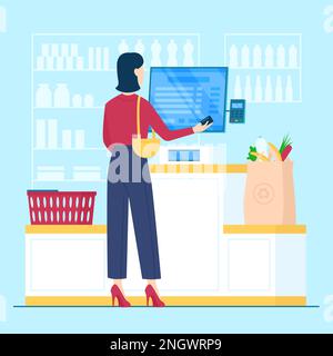 Self-service in negozio di alimentari, illustrazione vettore supermercato. Cartoon cliente femmina che acquista in negozio al dettaglio, utilizzando il chiosco elettronico cassa con schermo e terminale POS per il pagamento per gli acquisti Illustrazione Vettoriale