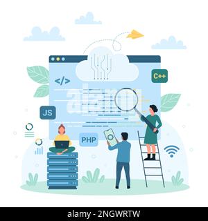 Illustrazione vettoriale della tecnologia di sviluppo del codice programma. Cartoon persone piccole che studiano script in finestra software con lente di ingrandimento, sviluppatori e tester team utilizzando computer, telefono o computer portatile Illustrazione Vettoriale