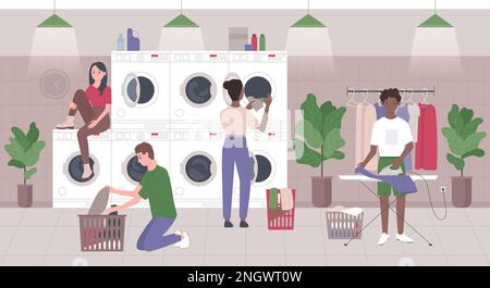Illustrazione vettore di lavanderia pubblica. Cartoni animati che utilizzano la lavanderia automatica self-service con lavatrici e asciugatrici automatiche, lavaggio personaggi, indumenti in ferro da stiro in moderni interni industriali lavanderia Illustrazione Vettoriale