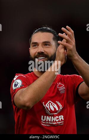 Felipe della Foresta di Nottingham festeggia dopo il fischio finale durante la partita della Premier League tra la Foresta di Nottingham e Manchester City al City Ground, Nottingham, sabato 18th febbraio 2023. (Foto: Jon Hobley | MI News) Foto Stock