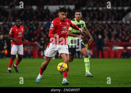 Morgan Gibbs-White della Foresta di Nottingham in azione durante la partita della Premier League tra la Foresta di Nottingham e Manchester City al City Ground, Nottingham, sabato 18th febbraio 2023. (Foto: Jon Hobley | MI News) Foto Stock