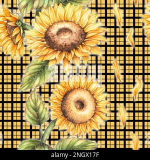 Motivo di acquerello di girasole su fondo a scacchi per packaging di design, abbigliamento, regali di vacanza, tessuto stampato, inviti, scrapbooking digitale Foto Stock