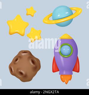 Spazio di plastilina. Sistemi di tecnologia dell'universo razzi satellitari telescopio decente vettore argilla stilizzata illustrazioni realistiche Illustrazione Vettoriale