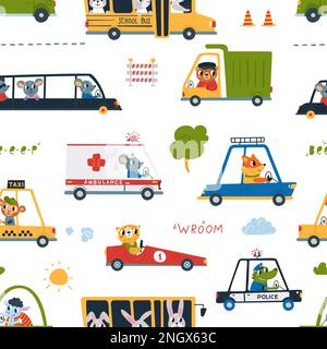 Trasporto bambini, animali in auto modello senza cuciture. Carino animali racers, cavalcare veicoli personaggi comici. Baby racing trasporto stampa vettoriale di classe Illustrazione Vettoriale