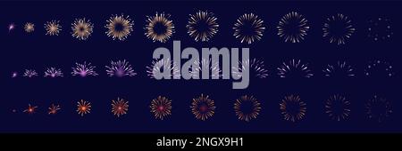 Animazione fuochi d'artificio. Sequenza di fuochi d'artificio set, raccolta di particelle leggere effetto di esplosione pirocracker, natale scoppiare 2D, vettore illustrazione ordinata di animazione flash e fuochi d'artificio esplosione Illustrazione Vettoriale