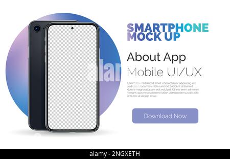 Modello di smartphone vettoriale 3D ad alta definizione per mostrare il design dell'interfaccia utente dell'app. Smartphone realistico nella vista anteriore e posteriore per la presentazione. Smartphone isolato in bianco con schermo trasparente vuoto. Illustrazione Vettoriale
