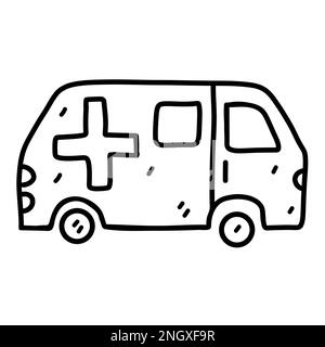 Ambulanza nello stile disegnato a mano del doodle. Illustrazione vettoriale isolata su sfondo bianco Illustrazione Vettoriale