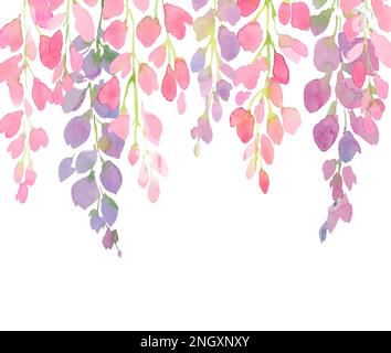 fiori di glicine viola e rosa, pittura a mano acquerello su sfondo bianco, disegno per la stampa, biglietto d'auguri, cartolina, invito, moda fabri Foto Stock