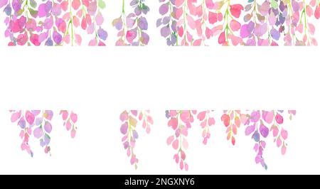 cornice in glicine rosa e viola, rami e fiori, illustrazione in acquerello. design per stampa, biglietti d'auguri, cartoline, inviti, tessuti moda Foto Stock