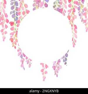 cornice in glicine rosa e viola, rami e fiori, illustrazione in acquerello. design per stampa, biglietti d'auguri, cartoline, inviti, tessuti moda Foto Stock