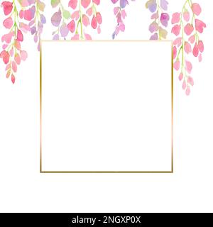 cornice in glicine rosa e viola, rami e fiori, illustrazione in acquerello. design per stampa, biglietti d'auguri, cartoline, inviti, tessuti moda Foto Stock