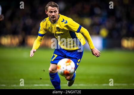 Broendby, Danimarca. 19th Feb, 2023. Simon Hedlund (27) di Broendby SE visto durante il Superliga match 3F tra Broendby IF e AC Horsens al Brondby Stadium. (Photo Credit: Gonzales Photo/Alamy Live News Foto Stock