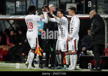 ROTTERDAM - (lr) Nany Landry Dimata di NEC Nijmegen, Pedro Marques di NEC Nijmegen durante la partita della Premier League olandese tra sbv Excelsior e NEC allo stadio Van Donge & De Roo il 19 febbraio 2023 a Rotterdam, Paesi Bassi. ANP BART STOUTJESDYK Foto Stock