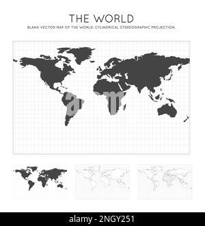 Mappa del mondo. Proiezione stereografica cilindrica. Globo con linee di latitudine e longitudine. Mappa mondiale su meridiani e paralleli sfondo. Vect Illustrazione Vettoriale