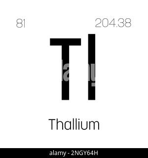 Tallio, Tl, elemento tavola periodica con nome, simbolo, numero atomico e peso. Metallo post-transizione con vari usi industriali, come in alcuni tipi di imaging medicale e come componente in alcuni tipi di vetro. Illustrazione Vettoriale