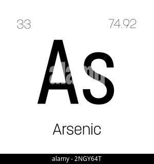 Arsenico, come, elemento periodico della tabella con nome, simbolo, numero atomico e peso. Metalloide velenoso con uso industriale limitato, ma è stato storicamente utilizzato in pesticidi, conservanti del legno, e scopi medicinali. Illustrazione Vettoriale