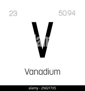 Vanadio, V, elemento periodico della tabella con nome, simbolo, numero atomico e peso. Metallo di transizione con vari usi industriali, come in alcuni tipi di acciaio e come catalizzatore in alcune reazioni chimiche. Illustrazione Vettoriale