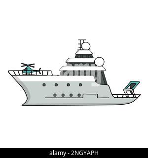 Nave da ricerca per l'esplorazione del mare, nave da spedizione con illustrazione vettoriale dell'elicottero Illustrazione Vettoriale
