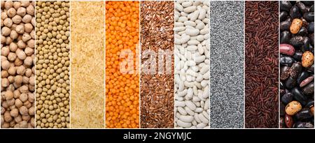 Collage con foto di diversi legumi e semi, banner design. Dieta vegana Foto Stock
