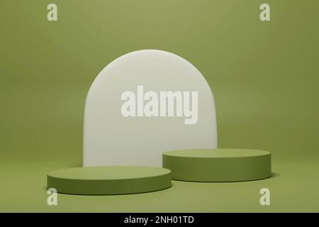espositore da pavimento da podio a 3d cilindri verdi con pannello bianco vuoto sullo sfondo. illustrazione del modello 3d Foto Stock
