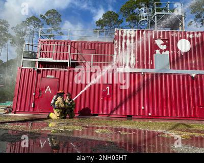 La scorsa settimana, il team di comando della guarnigione di Fort Stewart, col. Manny Ramirez e Steven Hood: Hanno visitato il reparto antincendio per l'addestramento alla combustione. Il comandante della guarnigione e il vice comandante della guarnigione erano adatti all'attrezzatura per l'affluenza, indossavano un apparecchio di respirazione, imparavano a utilizzare il tubo flessibile ed entravano nella struttura di addestramento per bruciare un incendio. Dopo l'addestramento al fuoco, entrambi hanno avuto un apprezzamento più profondo per che cosa i vigili del fuoco dell'esercito di Fort Stewart-Hunter fanno per mantenere la nostra installazione sicura. Foto Stock