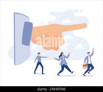 social marketing per la campagna pubblicitaria lead o influenza da parte di una persona esperta concetto, mano di puntamento da cellulare con le persone seguire la strada. vecto piatto Illustrazione Vettoriale