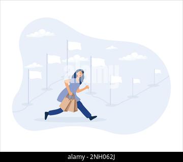 Viaggio del cliente, concetto di esperienza del cliente o dell'utente, donna felice che acquista camminando con le borse acquistate durante il viaggio. Piatto vettore moderno ill Illustrazione Vettoriale