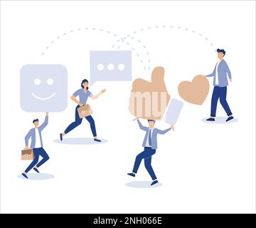 Il team dei social media, il team dei social media degli uomini d'affari che tiene il pollice in mano, l'amore, la bolla di voce e il segno del sorriso. Disegno vettoriale piatto moderno Illustrazione Vettoriale