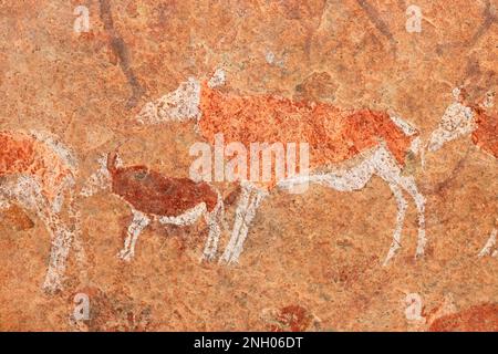 Boscimani pittura rupestre di antilopi africani, Brandberg montagna, Namibia Foto Stock