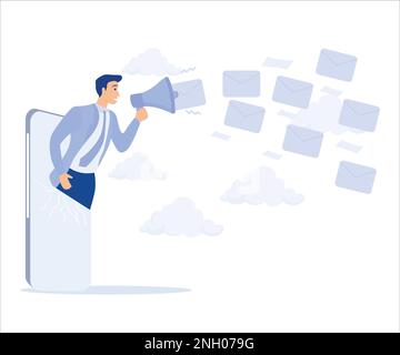 E-mail marketing campagna di pubblicità digitale concetto, uomo d'affari sul telefono cellulare utilizzando megaphone per inviare e-mail volanti, Flat vettore moderno illustratio Illustrazione Vettoriale