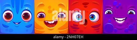 Imposta il volto del mostro quadrato per l'avatar del giocatore di gioco. Fumetto emozione espressione su adesivi in vettore. Divertente collezione di personaggi alieni clipart con un umore felice, sorridente e ridente, sorpreso, a bocca aperta Illustrazione Vettoriale